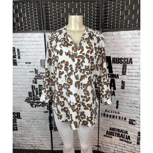 Attention L Vanilla Print Button Neck Shirred Shoulders 3/4 Roll-Tab Sleeve Top